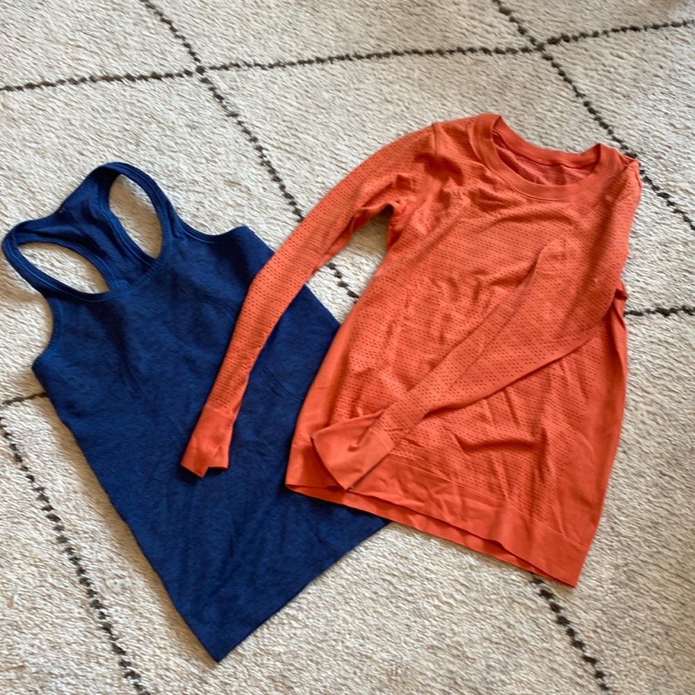 Lululemon bundle, size 4 blue tank, size 4, orange long sleeve perforated